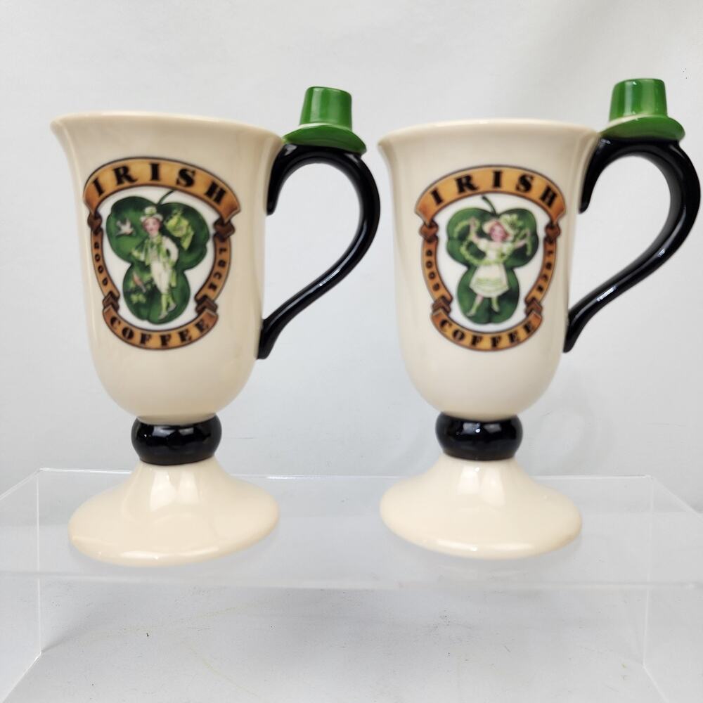 2 Dept 56 Irish Coffee Pedestal Mugs Ceramic Good Luck Hat Saint Patrick’s Day